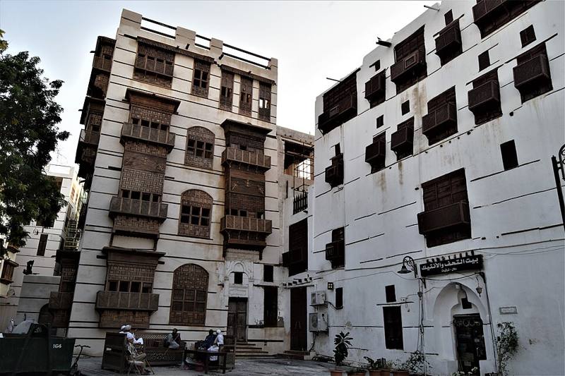 Traditional coral-stone houses with wooden balconies in Al Balad, the historic district of Jeddah