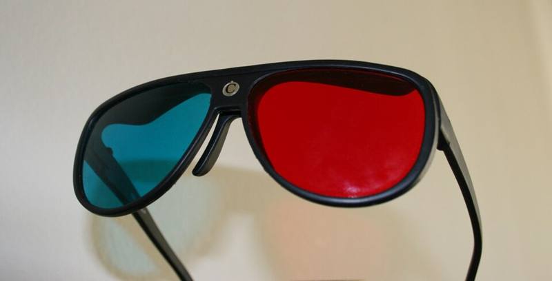 A pair of plastic polarized 3D cinema glasses